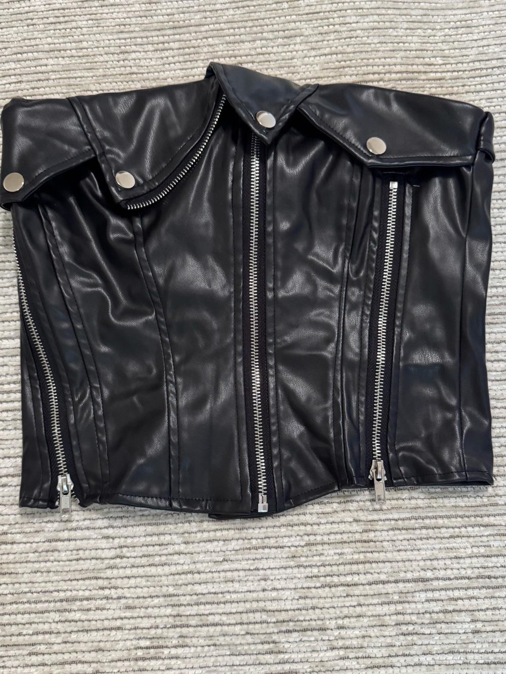 Black Faux Leather Zip-Front Corset Top